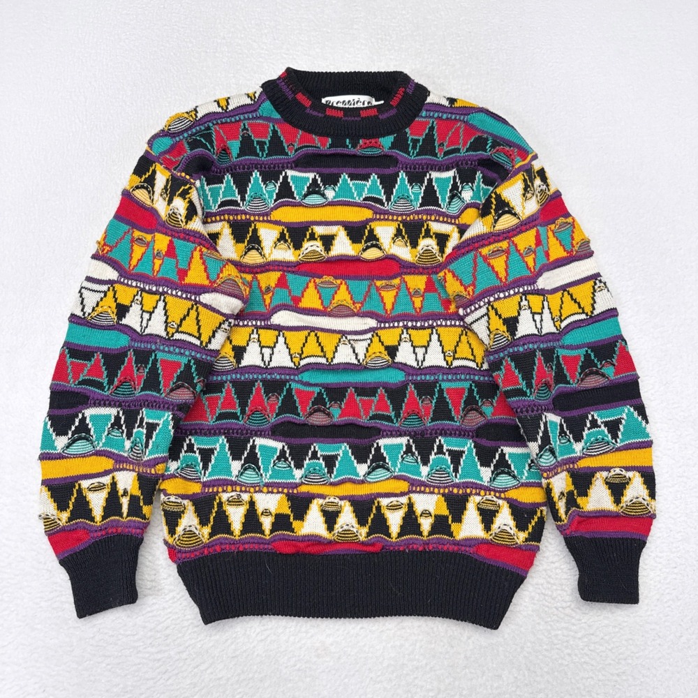Vintage Coogi Style 3D Knit Sweater Medium Wool Blend Prenniere Mock Neck 90s